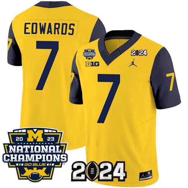 Mens Michigan Wolverines #7 Donovan Edwards Yellow Navy 2024 F.U.S.E. With 2023 National Champions Patch Stitched Jersey